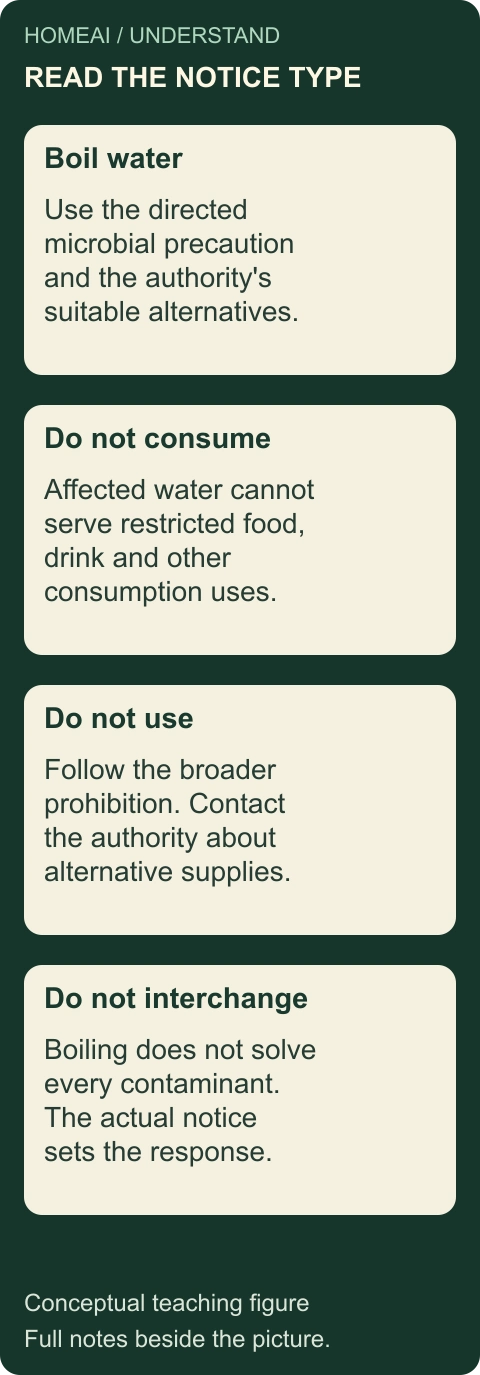 Read the notice type before choosing a response. Original labelled conceptual comparison or sequence; all explanations are also static text below.