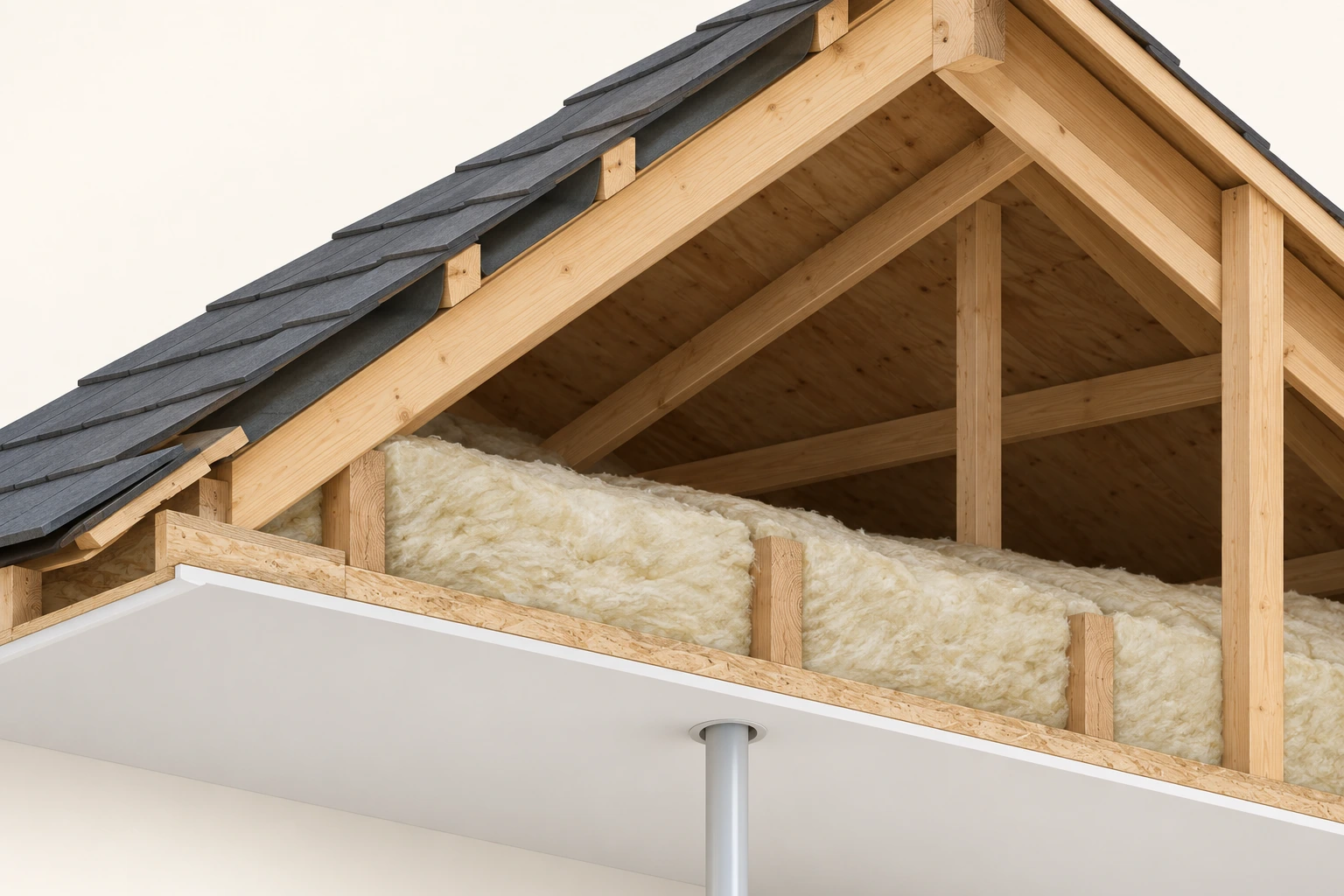 Roof, attic and ceiling are different parts of the assembly. A pitched-roof cutaway separates the outer covering and timber structure from insulation over the ceiling. A small ceiling penetration is visible below, while most adjoining seal details and ventilation routes remain outside the view.