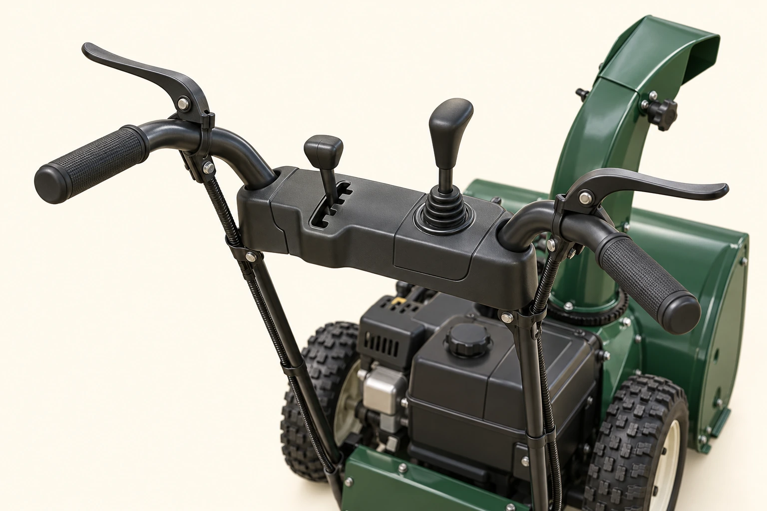 An intact generic snowblower operator station has two separate handgrip levers, a notched selector and a separate chute joystick, without labels or operating hands.