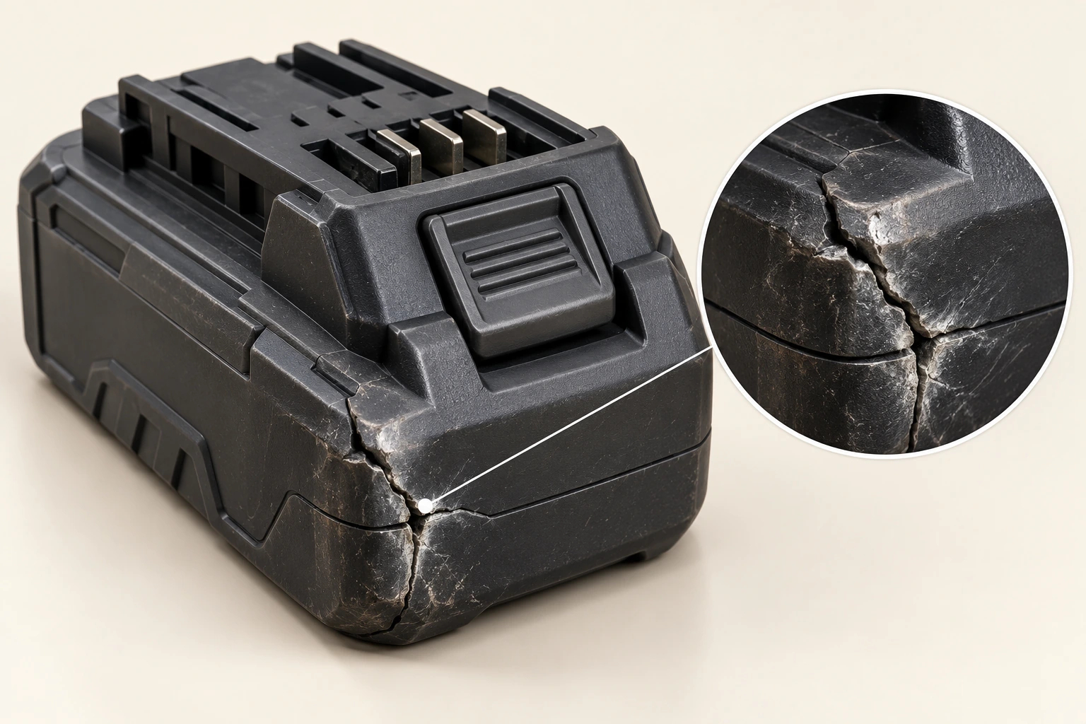 Disconnected tool battery pack with an impact-dented lower corner and cracked protective case; an inset enlarges that same crack.