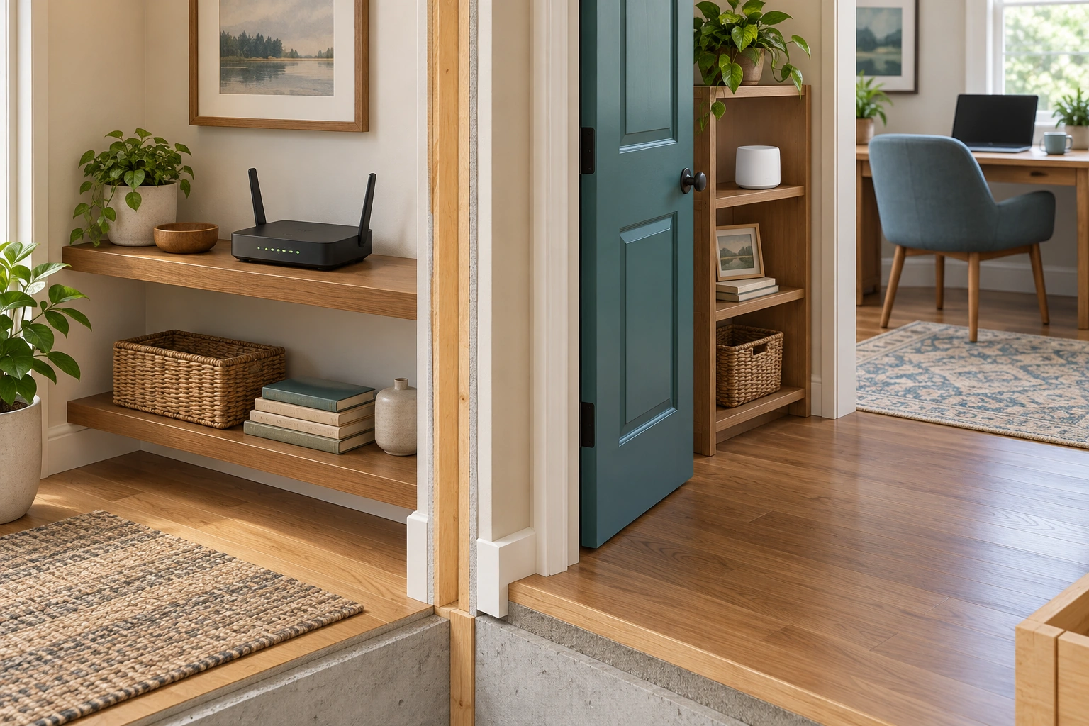 A main router and separate point occupy adjoining spaces, with a laptop farther into the second room. The added point can support a local link only within its actual network and return-path arrangement.