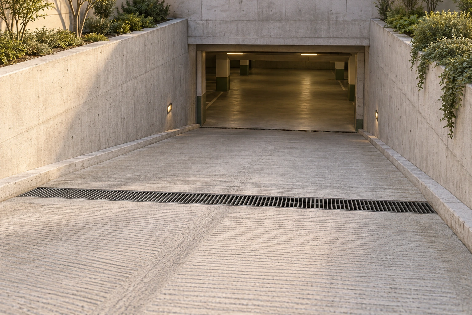 Descending parking ramp, retaining walls and transverse grate; no measured slope or capacity.