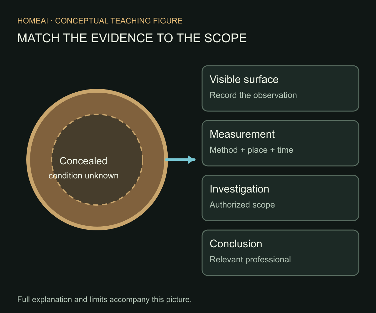 Observation and investigation reach different depths. A photograph records a visible surface. A scoped measurement or investigation may answer another question, while structural conclusions require the relevant professional scope.