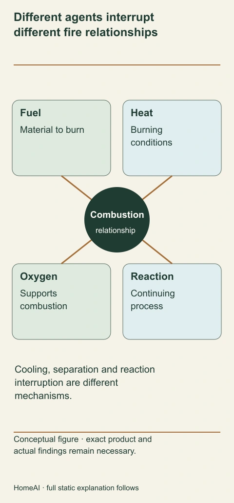 Cooling, oxygen separation and interruption of the continuing reaction address different parts of combustion. The four elements organize the explanation; they are not instructions to fight a fire.